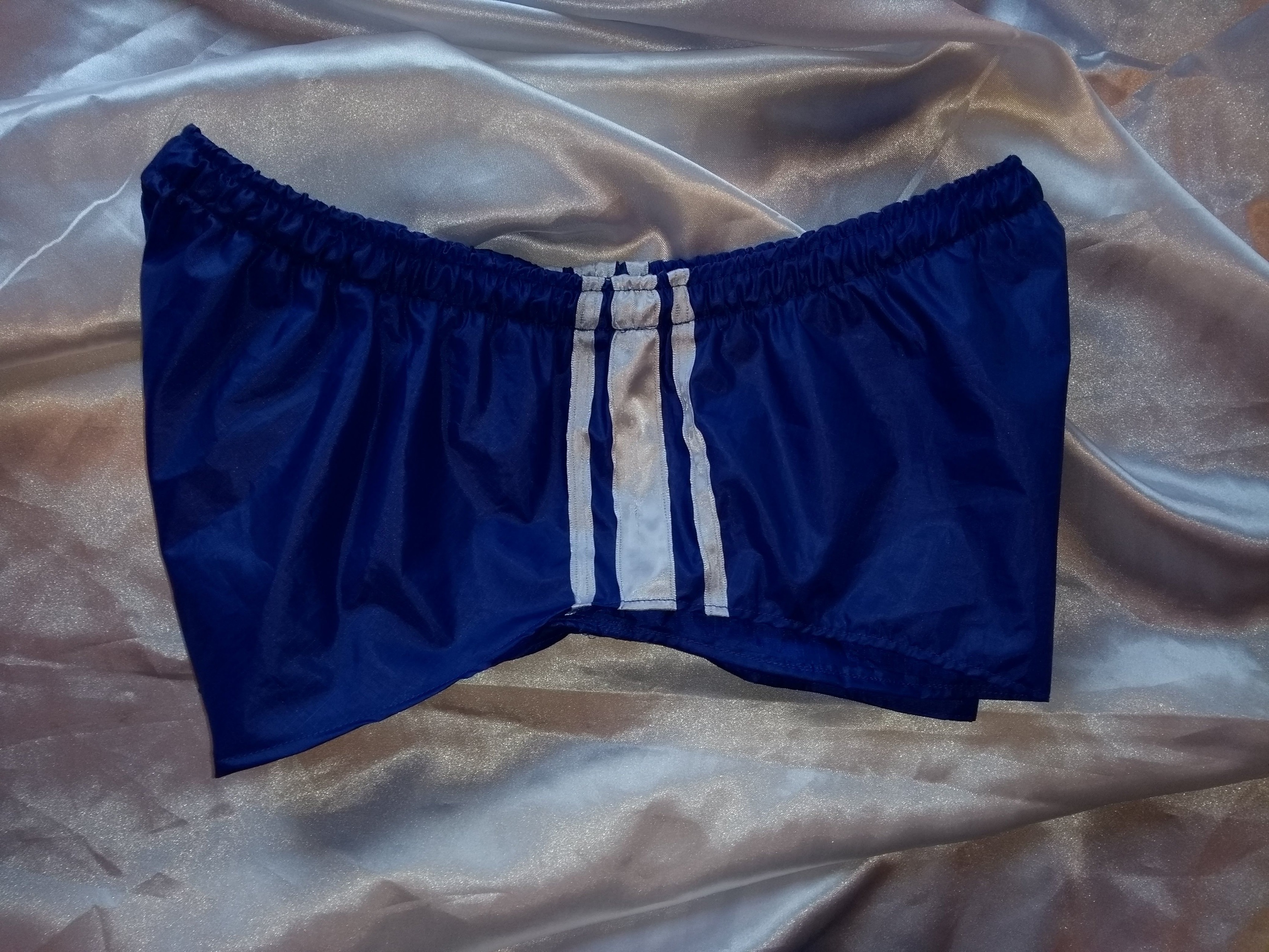 Hi-cut ripstop nylon footy shorts in royal blue with white stripes (M / L)